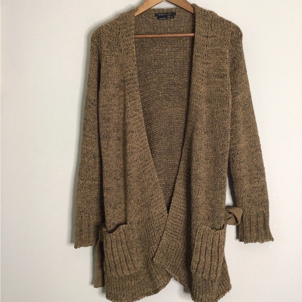 BCBGMaxAzria Longline Chunky Knit Belted Jacket/Cardigan L Patch Pockets Open